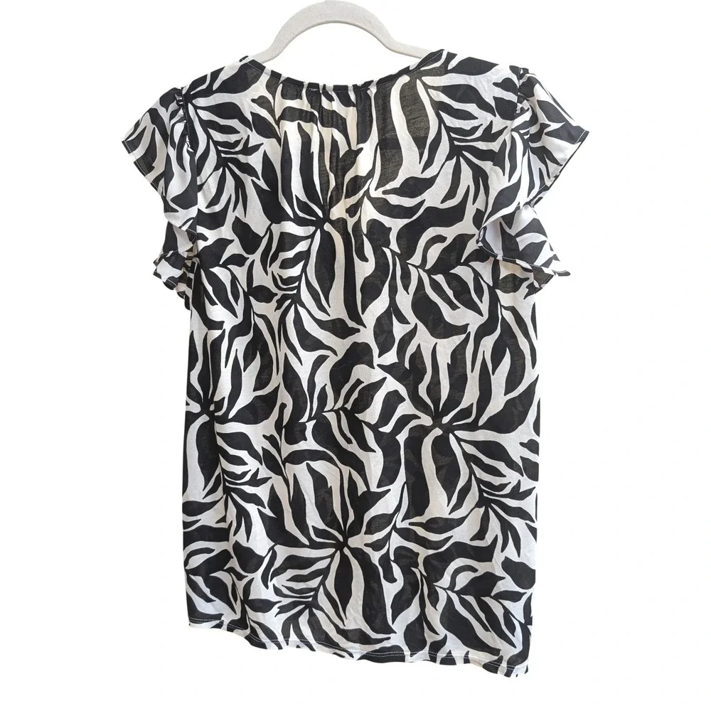 LOFT Womens Top M Black White Abstract Leaf Print Ruffle Sleeve V-Neck Blouse